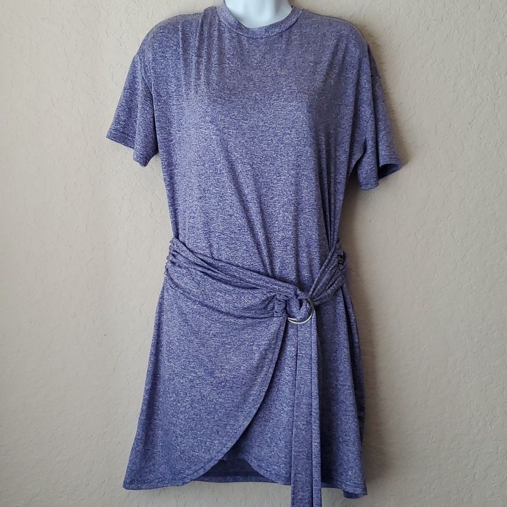 Heather Blue & Black T-Shirt Dress Cinch Tie Waist Casual Short Sleeve Mini** - Picture 8 of 9